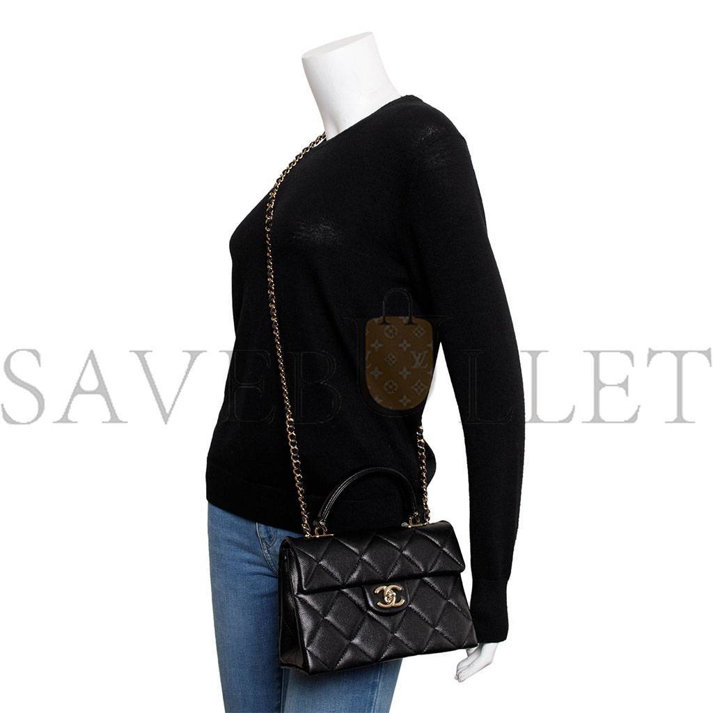 CHANEL MASTER BLACK QUILTED CAVIAR LEATHER KELLY TOP HANDLE FLAP BAG (21*16*9.5cm)